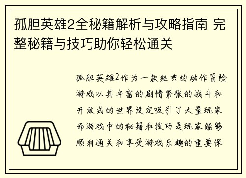 孤胆英雄2全秘籍解析与攻略指南 完整秘籍与技巧助你轻松通关
